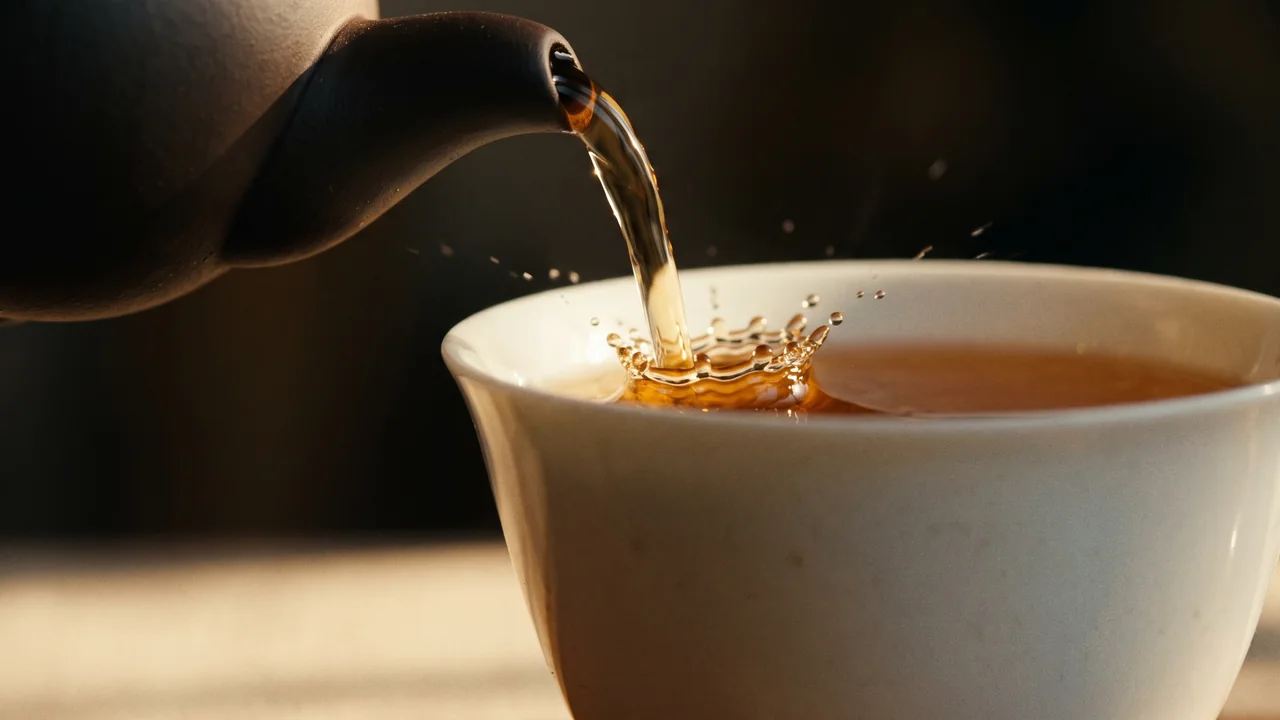 Tea pours from a clay spout into a porcelain cup