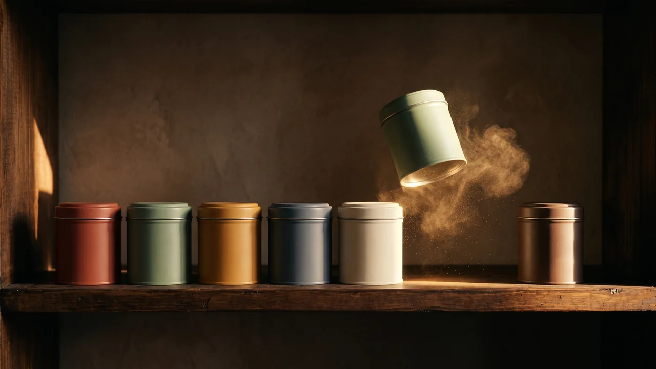 A tea tin drops into its place on a shelf