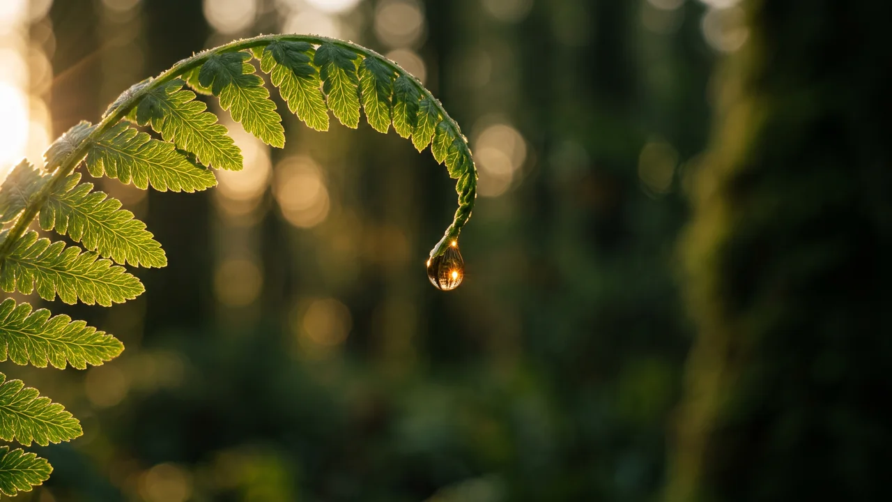 A dew drop hangs from the tip of a fern