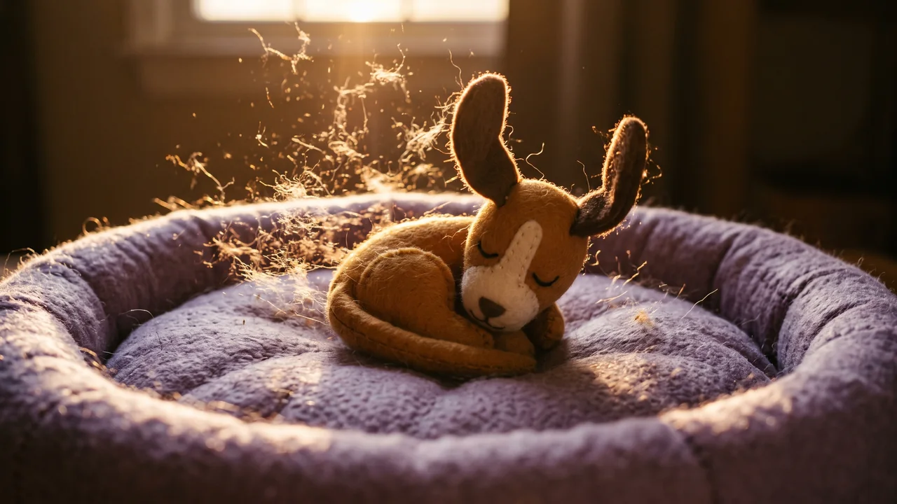 A felt puppy lands curled in its bed