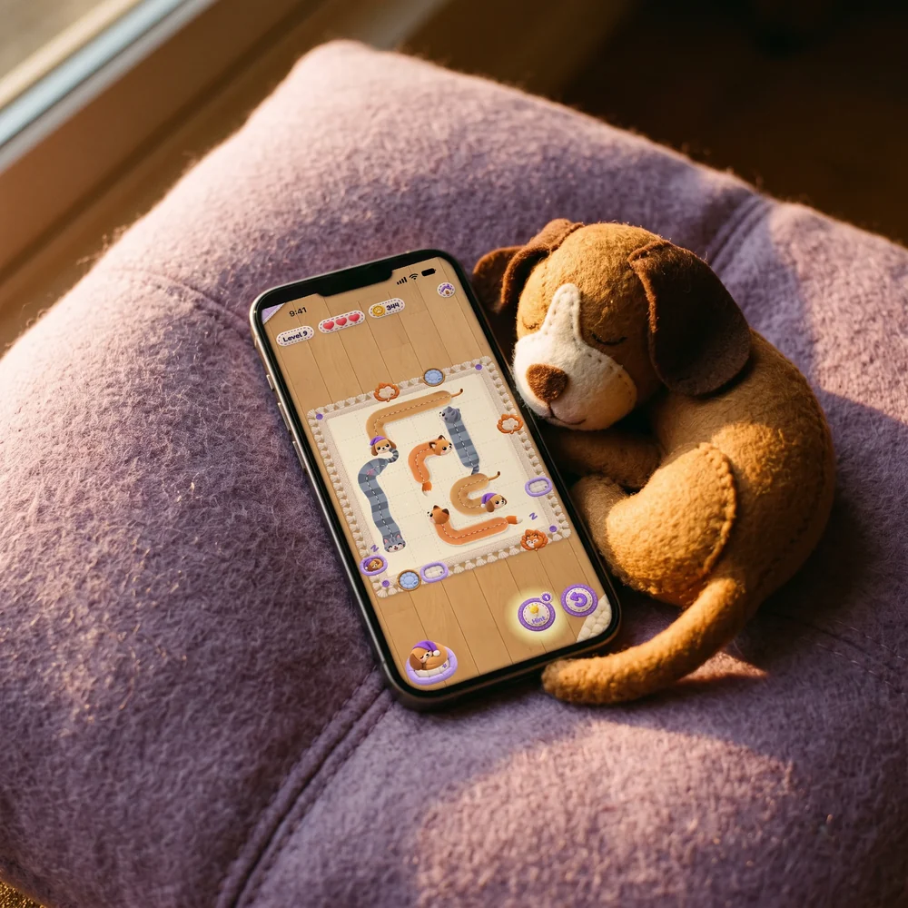 Coil Club on an iPhone, a puzzle of curled pets, on a felt cushion beside a sleeping felt puppy
