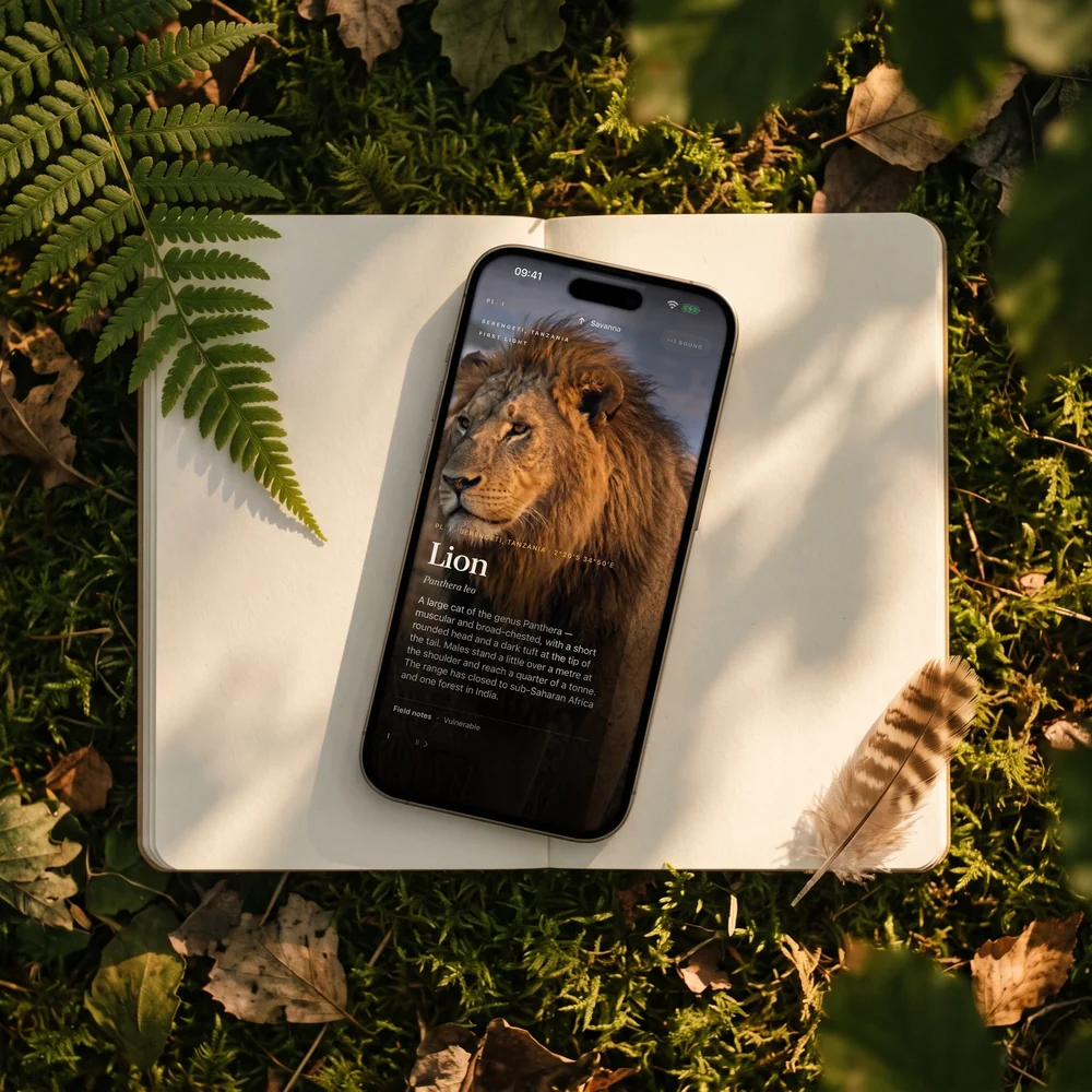 FERA on an iPhone, the lion page, lying on a field notebook in the moss