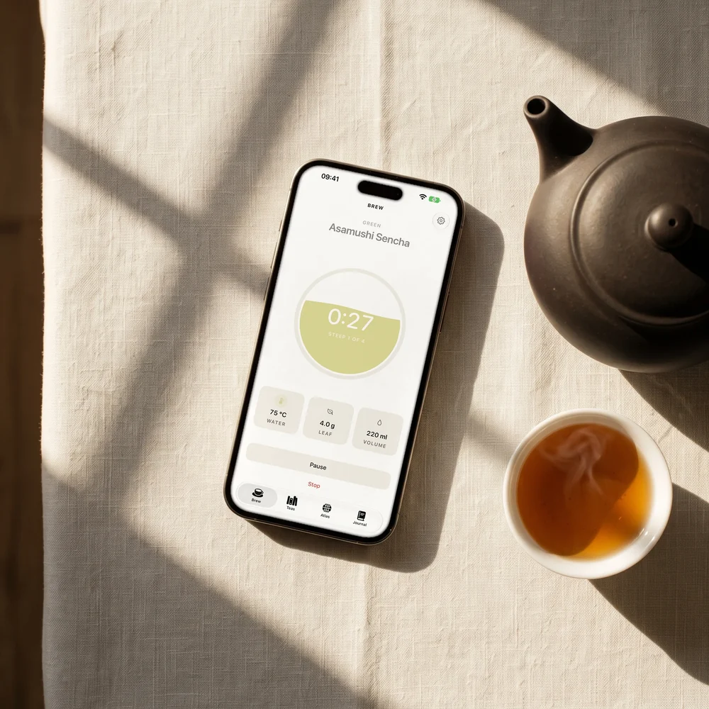 Pekoe on an iPhone, timing a green tea, on linen beside a clay teapot and a cup