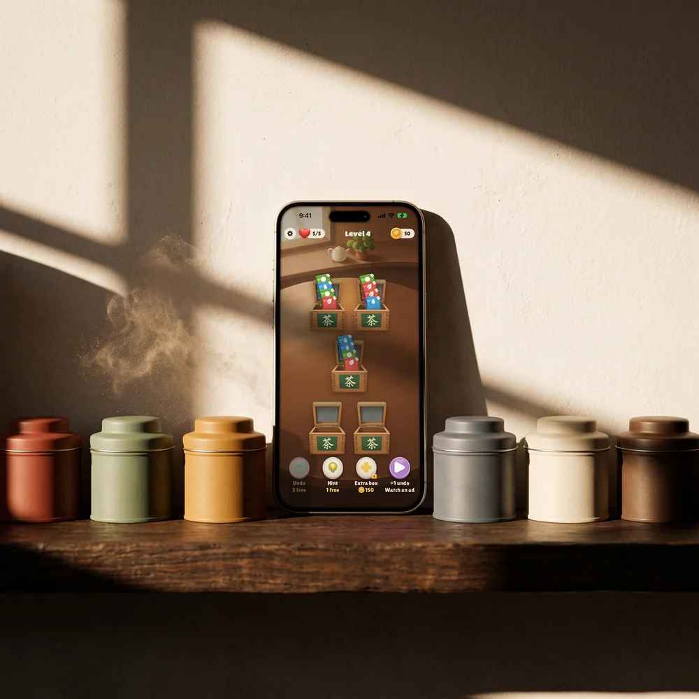 Tea Tidy on an iPhone, a level of tea boxes, standing among tea tins on a shelf